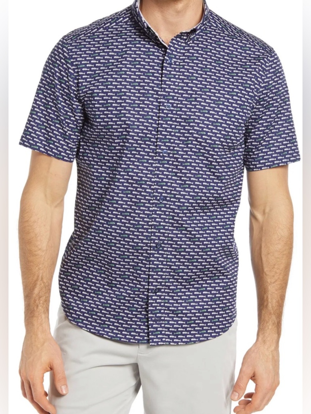 Johnston & Murphy Navy Short-Sleeve Button-Down, Fish Bone Print - Picture 3 of 16